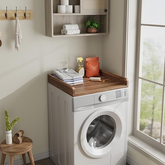 Washer Dryer Countertop, Countertop for Washer and Dryer with Non-Slip Pads and Round Corner Edge Rails, 27.5" D x 27.5" W x 3.2" H, Laundry Room Organization(Chestnut)