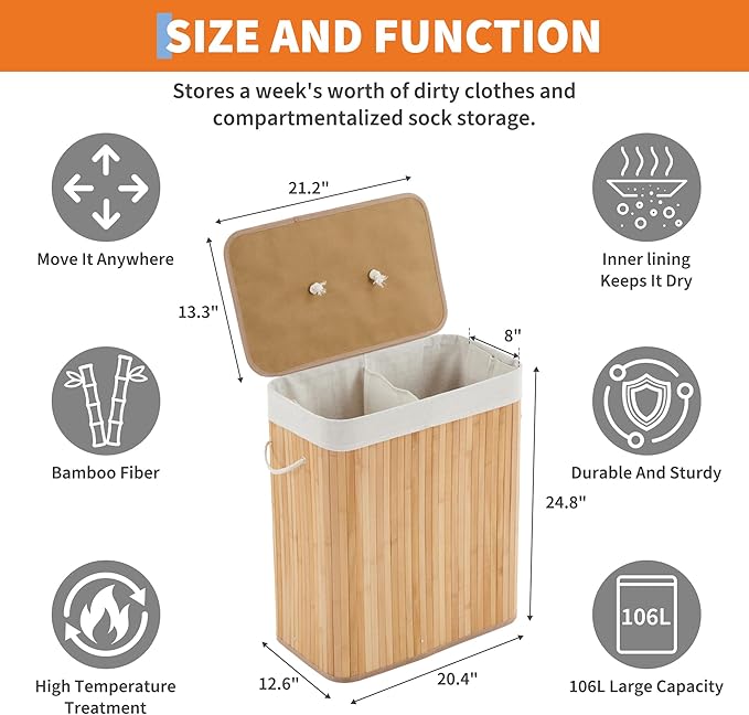 GarveeHome Folding Bamboo Laundry Hamper with Lid, 28 Gal / 106L Wooden Laundry Basket with Washable Liner Bag, Slim Clothes Storage Hamper for Small Bedrooms Apartments Dorms, Natural