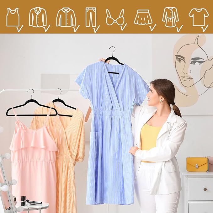 ZENY Velvet Hangers 100 Pack, Non-Slip Clothes Hangers, Suit Hangers with Shoulder Notches, Pants Bar, 360° Swivel Hook, Space-Saving, for Closet (Black)