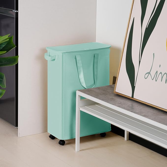 Slim Laundry Hamper with Lid and Wheels, Small Rolling Laundry Basket with Handle for Small Spaces, Tall Dirty Clothes Hampers for Dorm, Bathroom and Bedroom, 75L, Light Blue