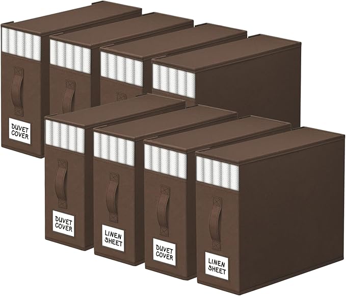 8 Pack Bed Sheet Closet Organizers and Storage,Sturdy Foldable Storage Containers with Window and Label,Storage and Organization for Bedding Sheets,Duvet Covers,Blankets (Brown)