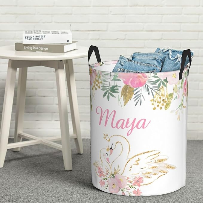 Personalized Laundry Basket for Nursery, Custom Nursery Laundry Hamper with Name, Customize Baby Clothes Circular Hamper for Boys Girls Room Decor, Floral Swan