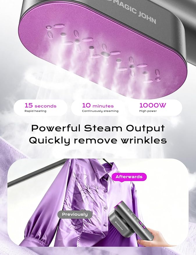 MAGIC JOHN Travel Steamer for Clothes, 100-240V Dual Voltage Portable Garment Steamer, 1000W Travel Size Handheld Steamer & Iron 2 in 1 for Global & Europe Travel, Business, Home