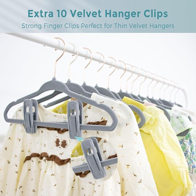 Kids Velvet Hangers 30 Pack - 14 Inch Premium Non Slip Kids Felt Hanger for Clothes - Ultra Thin Baby Felt Hangers for Youth Childrens' Closet with 10 Hanger Clips - Gray