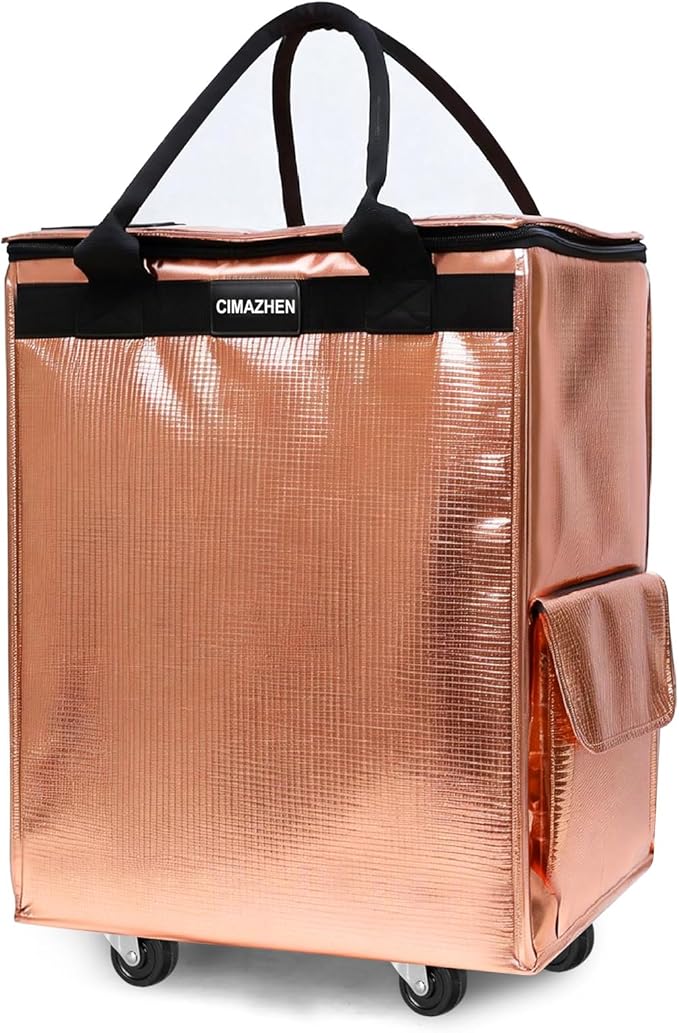 (Medium,Rose Gold) Reusable Grocery Bag on Wheels, Foldable Rolling Tote Bag with 3 Handles and Zipper, Storage Organizer for Clothes & Groceries, Rolling Shopping Cart, 76lb