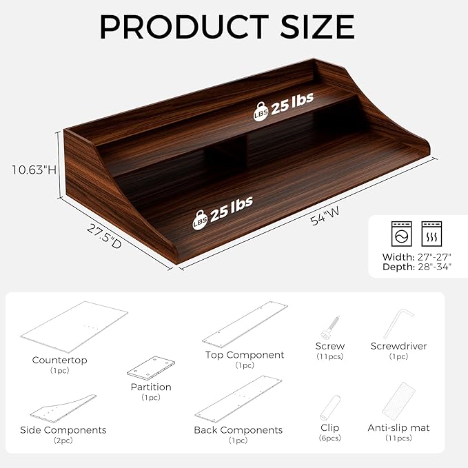 2-Tier Washer Dryer Topper, 54" x 27.6" Countertop with Storage Shelf & Non-Slip Mat, Laundry Organizer for Folding & Sorting Clothes, Walnut