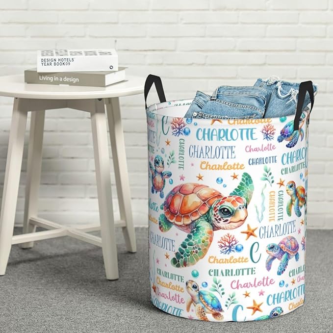 Sea Turtle Laundry Basket,Personalized Laundry Hamper for Boys Girls,Custom Laundry Basket With Name, Customized Dirty Clothes Hamper for Bathroom Bedrooms,M-19.5"X 15.7"