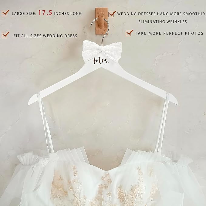 Mr. and Mrs. Wooden Bride Hanger, Wedding Dress Hangers for Bride with White Bow - Groom's Hanger with Black Bow Tie - Set of 2 (White + Vintage)