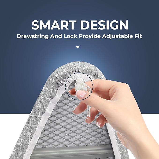 STO STO Ironing Board 48" x 18" with Iron Holder, Cord Holder and Clothes Rack, Adjustable Height 27" to 37", Full Size Foldable Iron Board with Silver Coated Cotton Removable Cover, Gray Checkered