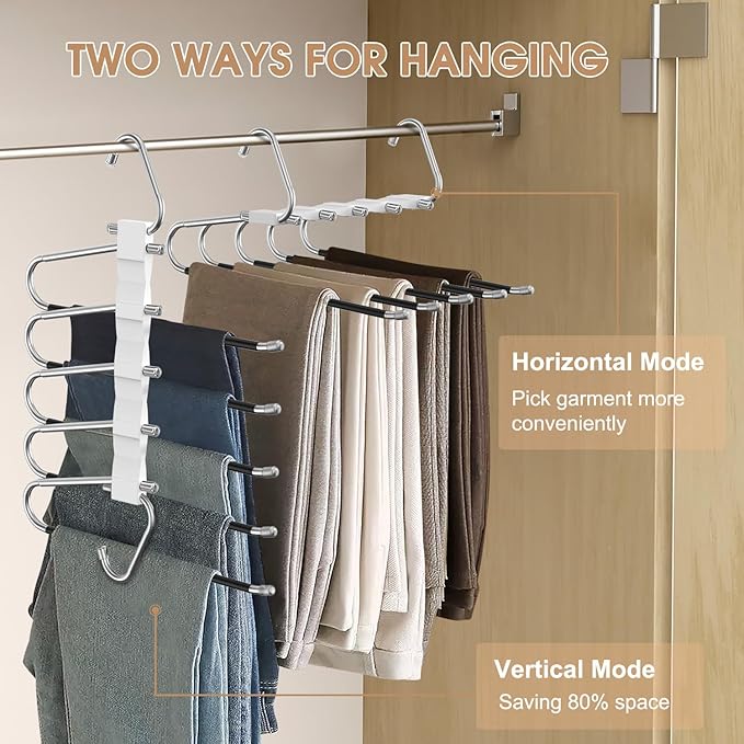 4 Pack Pants Hangers Space Saving, Anti-Slip Multi-Functional Pants Rack, Thickened Stainless Steel Tube Two Hanging Modes Suitable for Jeans Trousers Skirts Scarf-White