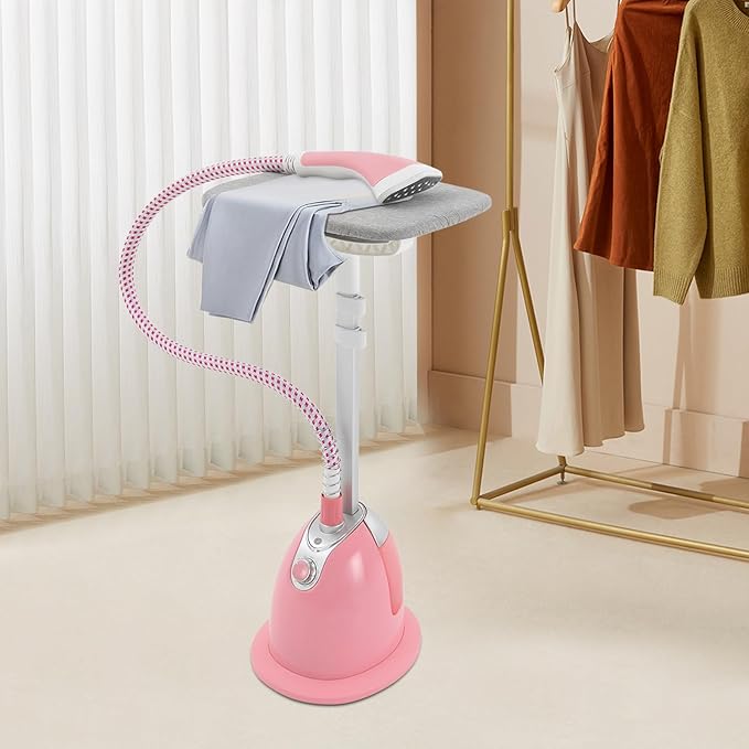 Standing Garment Steamer with Ironing Board,Adjustable Height Standing Steamer - 1.4L Water Tank,Fast Heats in 45s, Double-Insulated Steam Hose (Pink)