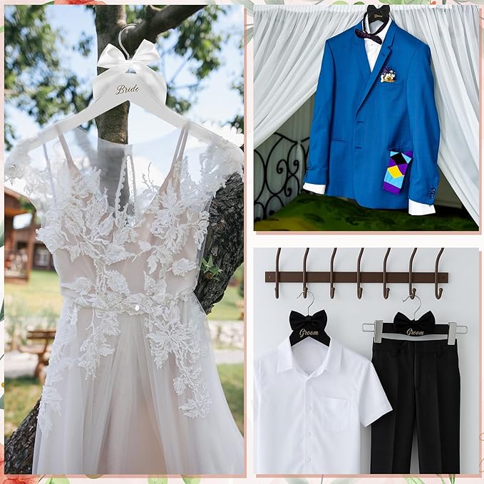 3 Pcs Bride and Groom Hangers for Dress Suit with Clips Wedding Wooden Hanger with Bow Tie for Mr and Mrs Shirt Tuxedo Suit Bridal Wedding Gift Bridesmaid Party Shower (Black,White)