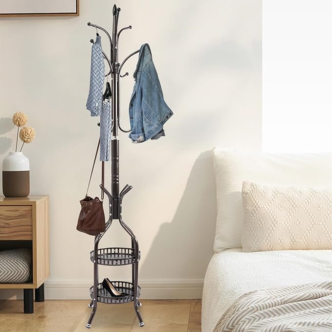 Metal Coat Rack Stand Freestanding Hat Hall Tree Clothes Rack Holder Modern Clothing Garment Hanger Stand with Double Layer Storage Basket and Hooks for Hanging Scarf Bag for Entryway Bedroom (Bronze)
