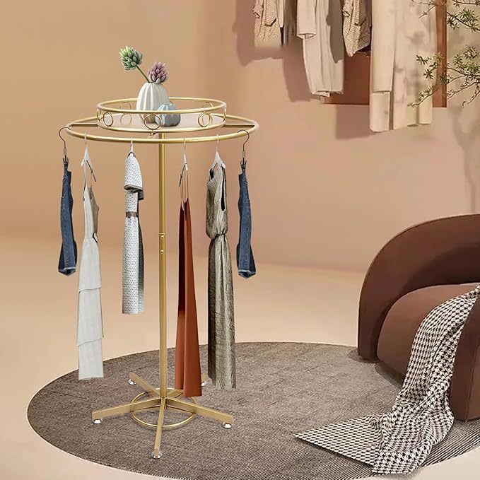 Round Garment Rack Floor Standing Rotating Clothes Hanging Rack with Topper 3.38-5.02ft Height Adjustable Retail Display Stand Metal Commercial Clothing Organizer Stand (Gold)