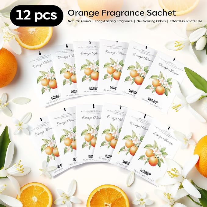 MYARO 12 Packs Orange Scent Sachets for Closet Dresser Drawer Bathroom Odor Deodorizer Car Air Frehener Fresh Home Fragrance
