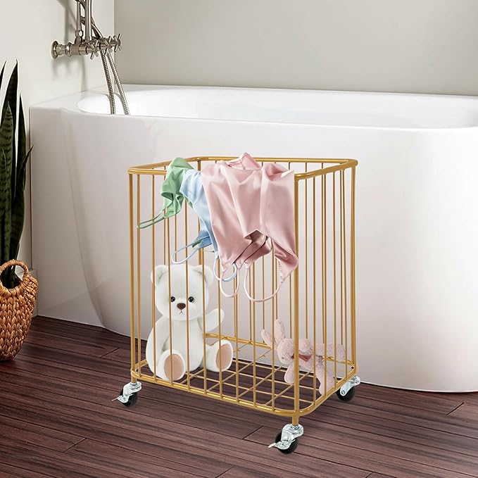 Rolling Laundry Hamper, Large-size Metal Laundry Basket Cart w/Wheels, Wheeled Clothing Hamper for Home, Hotel, Mall, Bathroom, Bedroom and Commercial Laundries (Gold)