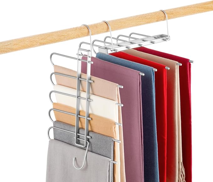 Pants Hangers Space Saving,Closet Hangers 5 Layers 2 Uses Multi Functional Pants Rack,Metal Heavy Duty Wardrobe Organizer Racks for Clothes Trousers Scarves Ties (Silver)