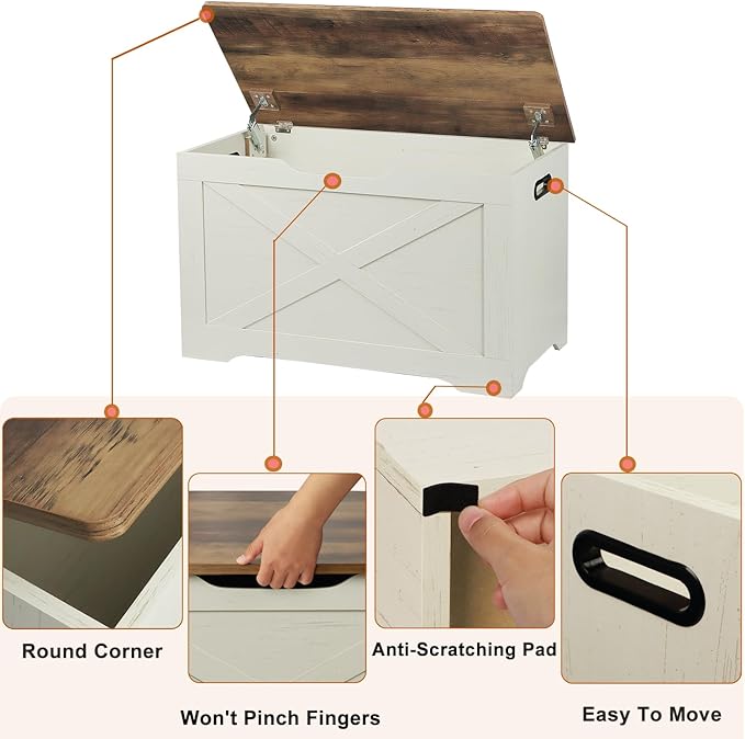 Storage Chest, Wooden Storage Bench, Entryway Shoes Bench with 2 Safety Hinges, for Living Room, Bedroom, 15.7 x 31.5 x 18.9 Inches, Brown and Rustic White