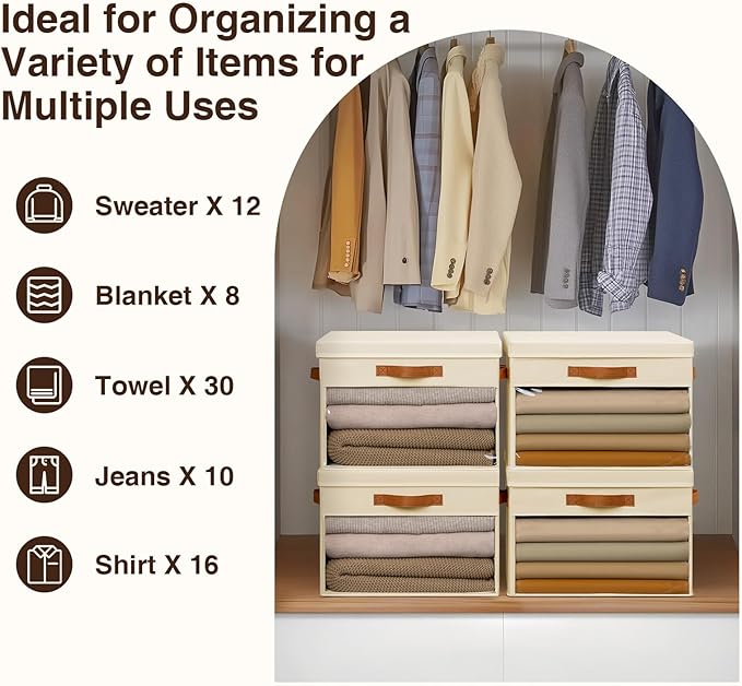 Large Storage Bins with Lids - 3 Pack Foldable Decorative Organizers with Clear Windows & Handles, Cube Storage Organizers for Clothes, Blankets, Sweaters, Sheets, Beige