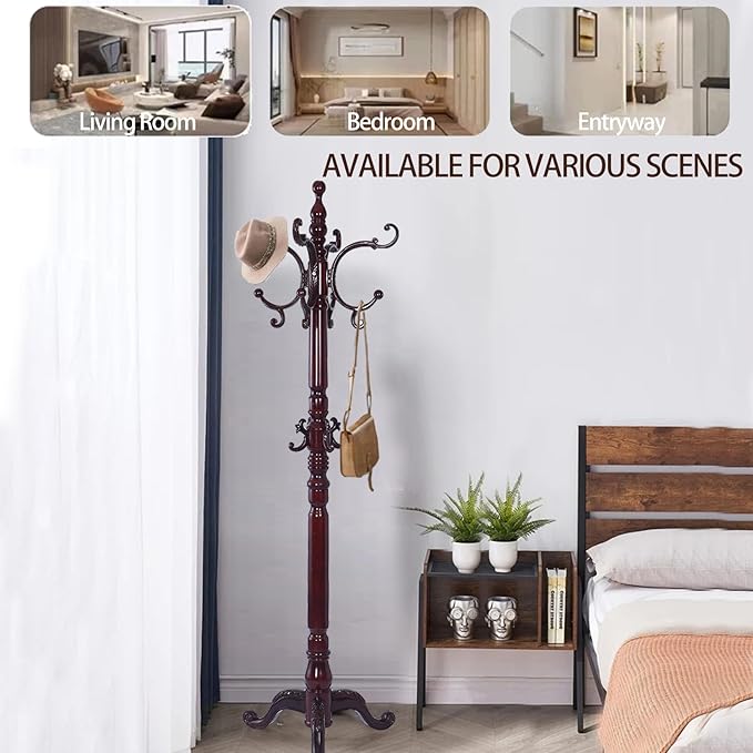 Wooden Coat Racks, Retro 78" Coat Tree with 12 Hooks & Stable Triangular Base, Entryway Coat Rack Freestanding for Hat, Clothes, Scarves, Handbags, Umbrella (Mahogany)