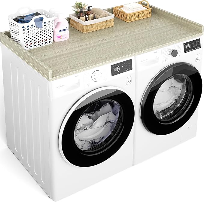 Aheaplus Washer and Dryer Countertop, Laundry Room Organization with Non-Slip Pads, Wood Shelf Topper with Round Corner Edge Rails, Folding Organizer for Laundry, 54" W x 27.5" D, White Oak