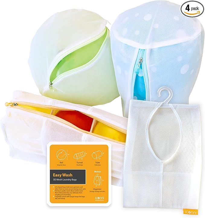 EASY WASH - Large 3D Mesh Laundry Bag Set – Perfect for Bras, Sweaters, Stockings & Delicates, Ideal for Travel, Storage & Laundry. Includes Bonus Organizer Pouch, Durable Mesh, Colorful zippers.