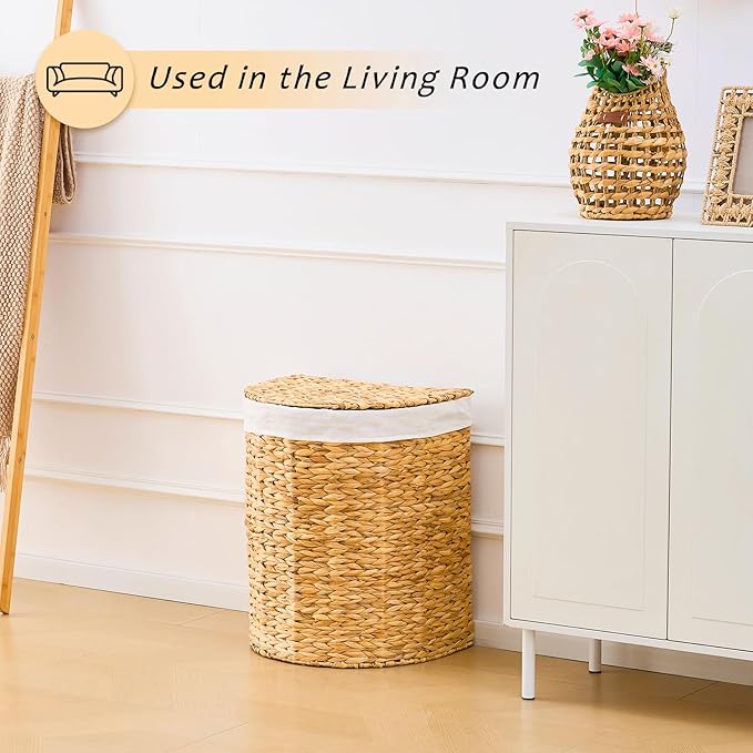 Half Round Wicker Laundry Hamper with Lid and 2 Removable Liner Bags, Handwoven Natural Water Hyacinth Laundry Basket for Dirty Clothes, Natural