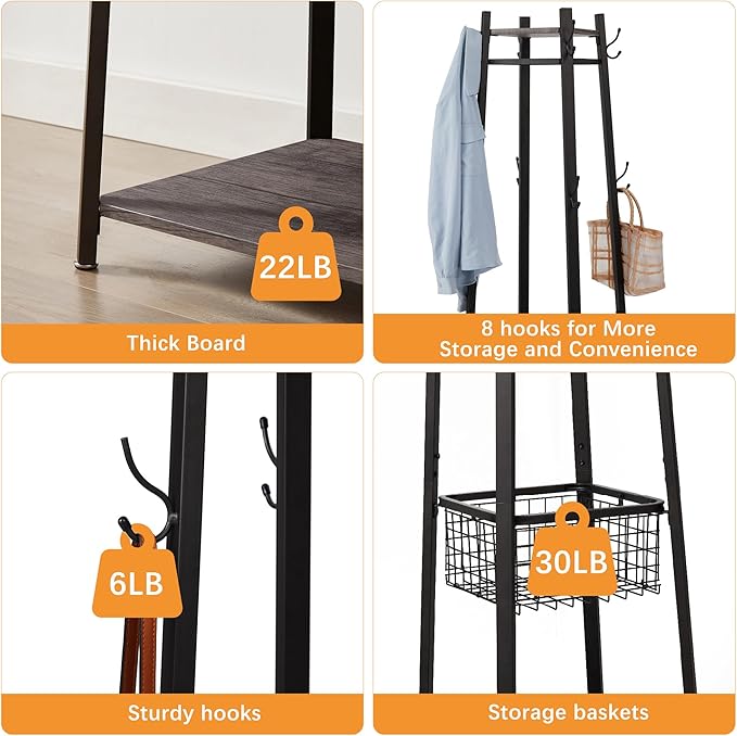 VECELO Coat Rack Freestanding,Hall Tree with Metal Basket and Storage Shelves,Industrial Coat Rack Stand with 8 Hooks for Hanging Coats/Hats/Bags/Umbrellas,18 x 18 x 72 In,Antique Brown
