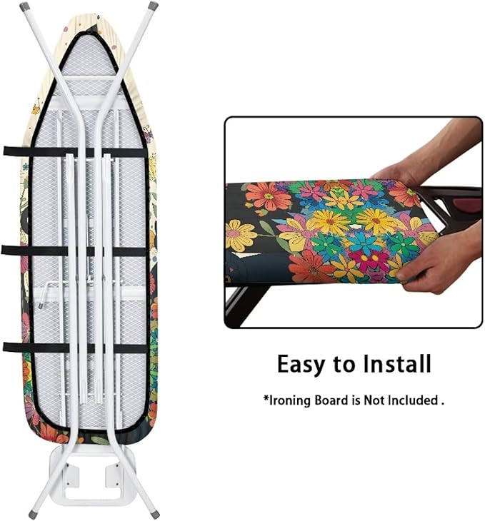 GLENLCWE Black Cat Colorful Flower Ironing Board Cover,Cute Cat Print Thick Ironing Board Cover with Padding 15x54 Inch Dust Cover with Elastic Edge Non Slip&Heat Reflective