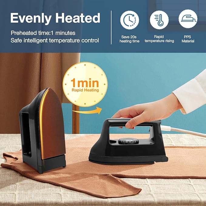 Mini Iron for Crafts and Quilting - Travel and Household Electric Heat Press Machine for Sewing Supplies (Black)
