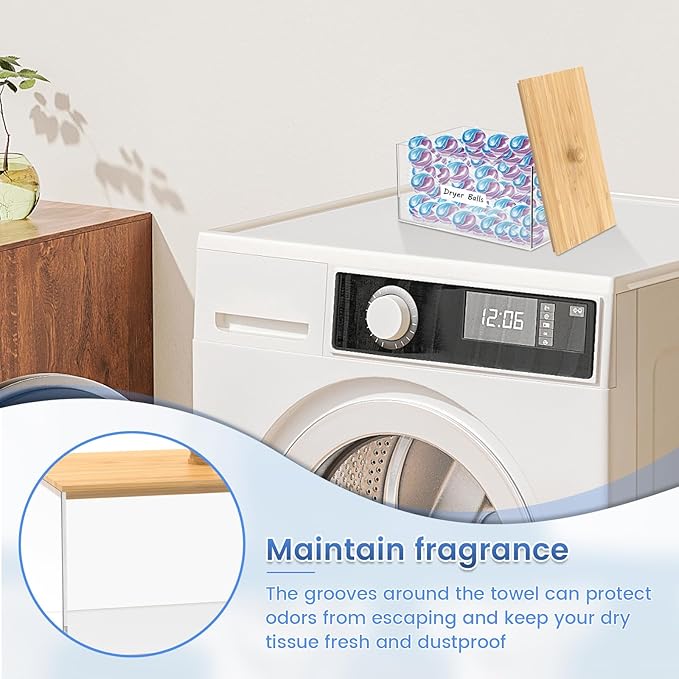Acrylic Dryer Sheet Holder with Bamboo Lid, Dryer Sheet Dispenser, Laundry Pods Container, Acrylic Box with Lid, Fabric Sheet Holder, Dryer Sheet Container with Dryer Sheet Label