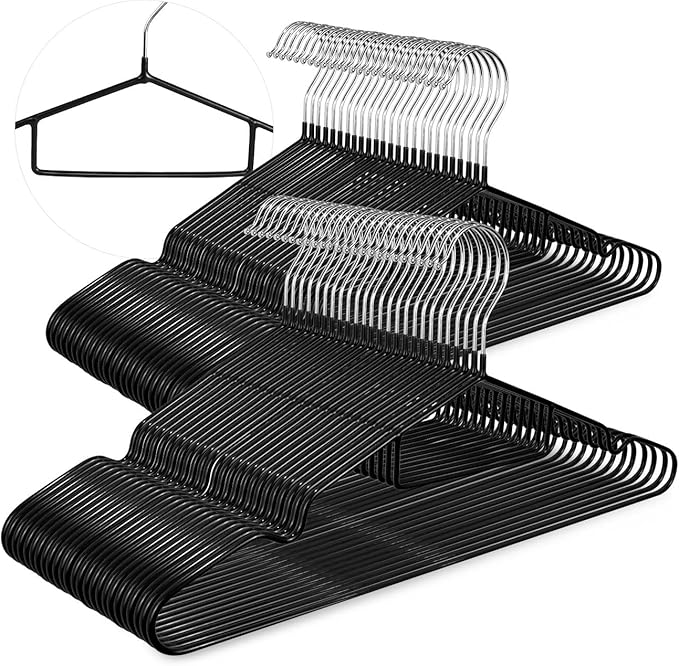 Clothes Hangers 50Pack,Black Metal Hangers with Tie Bar,Non-Slip Heavy Duty Hanger with Shoulder Notches for Dress and Camisole,Space-Saving Shirt Hanger（Black）