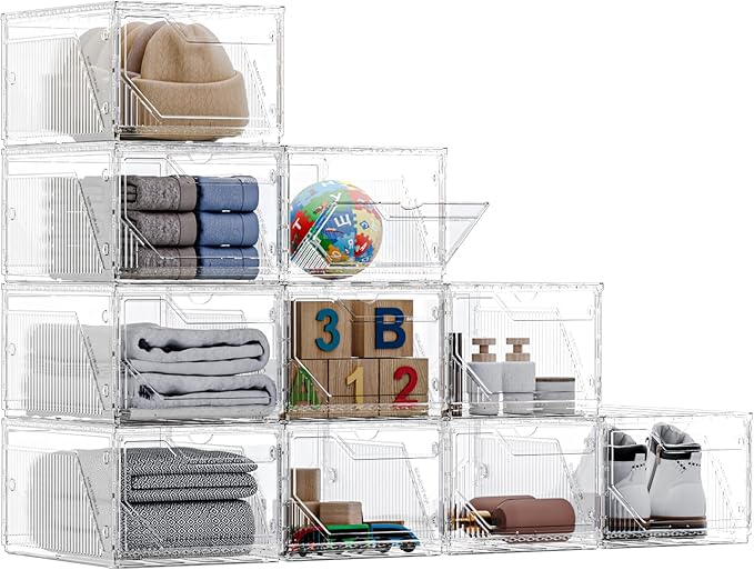 10 Pack Upgraded XX-Large Closet Organizers and Storage with Magnetic Door, New structure is more stable, Thicken & Sturdy Clear Stackable Interconnectable Shoe Box for Entryway, Under Bed