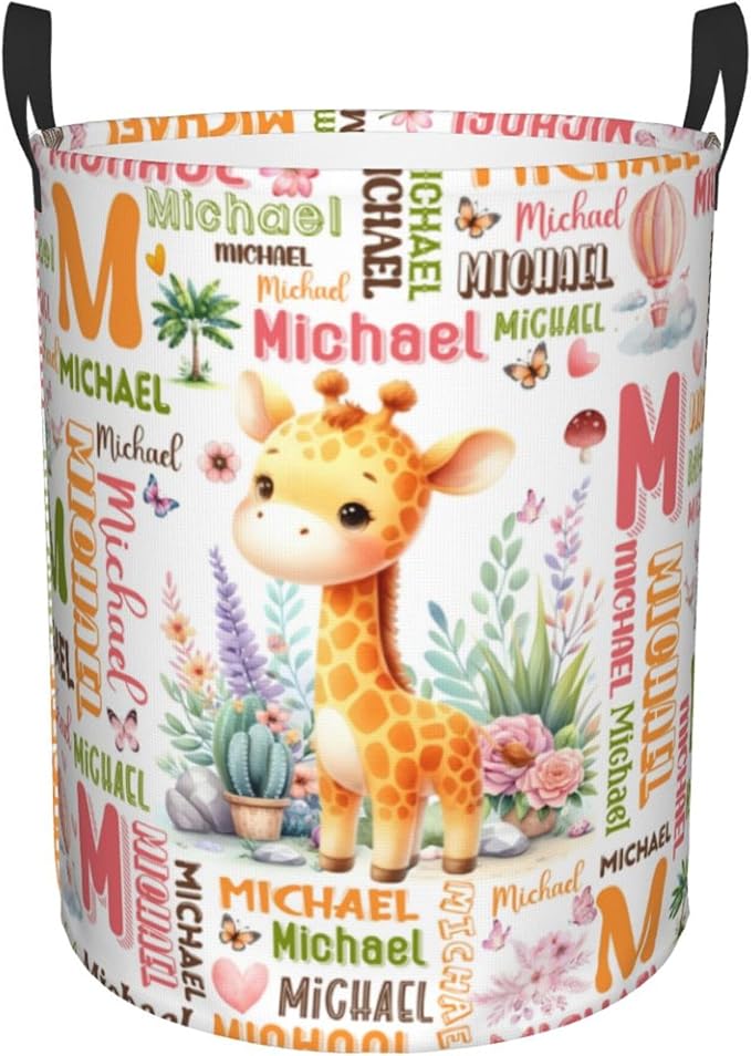 Personalized Giraffe Laundry Basket For Baby Kids Boys Girls Adult Custom Hamper Basket With Name For Bathroom Bedrooms Collapsible Baby, Dirty Clothes Hamper With Handles