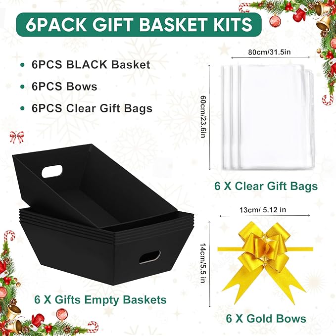 AFOROEOA 6PACK Black Baskets For Gifts Empty, 10x12”Thick Black Gift Basket with 6 Bows 6 Bags Empty Gift Baskets for Christmas Thanksgiving Wedding Birthday Party Wrapping Gift