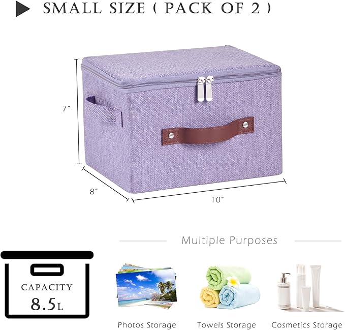 2 Pack Storage Bins with Zipper Lid Cotton Linen Fabric Lidded Storage Baskets Boxes Foldable Washable Closet Shelf Clothes Organizer Container with PU Leather Handles (Purple, Small)