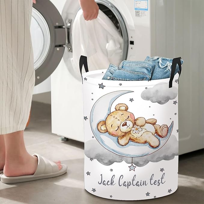 Custom Baby Girl Hamper with Name, 2 Sizes Personalized Name Laundry Baskets for Boys Adults, Customize Bear Toddler Laundry Hamper Storage Organizer for Nursery Utility Room