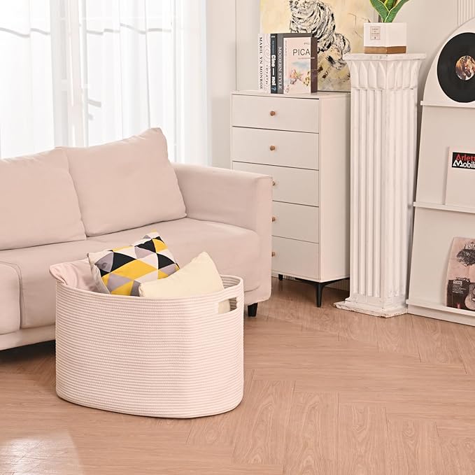 White Laundry Basket, Blanket Baskets for Living Room, Cotton Rope Baskets for Storage, Woven Basket for Blankets, Toys, Clothes, Shoes, White, 25”x16”x16” (105L)