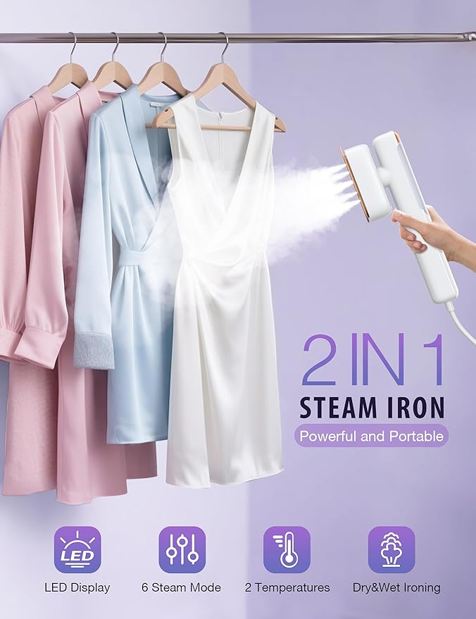 Steamer Iron for Clothes, Portable 2 In 1 Travel Handheld Garment Steamer, Steam Iron for Travel and Home