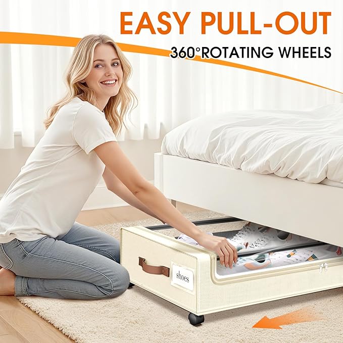 Under Bed Storage with Wheels 3Pack Underbed Storage with Clear Window&Label Under Bed Drawers Large Capacity Rolling Under Bed Storage for Clothes,Shoes, Blankets (Beige)