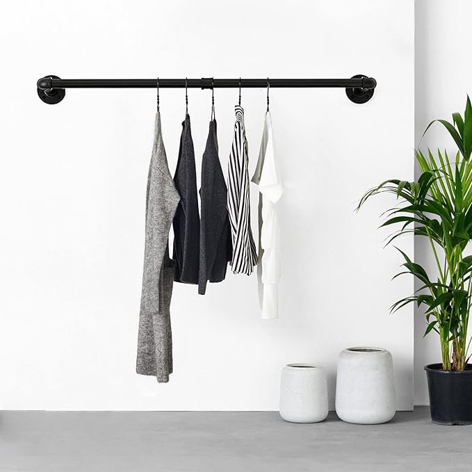 48” Wall Mounted Clothes Rack, Industrial Pipe Black Iron Garment Bar, Heavy-Duty Detachable Clothing Rod, Multi-Purpose Metal Wall display Hanging Pole for Closet Storage, Laundry Room 2 Base