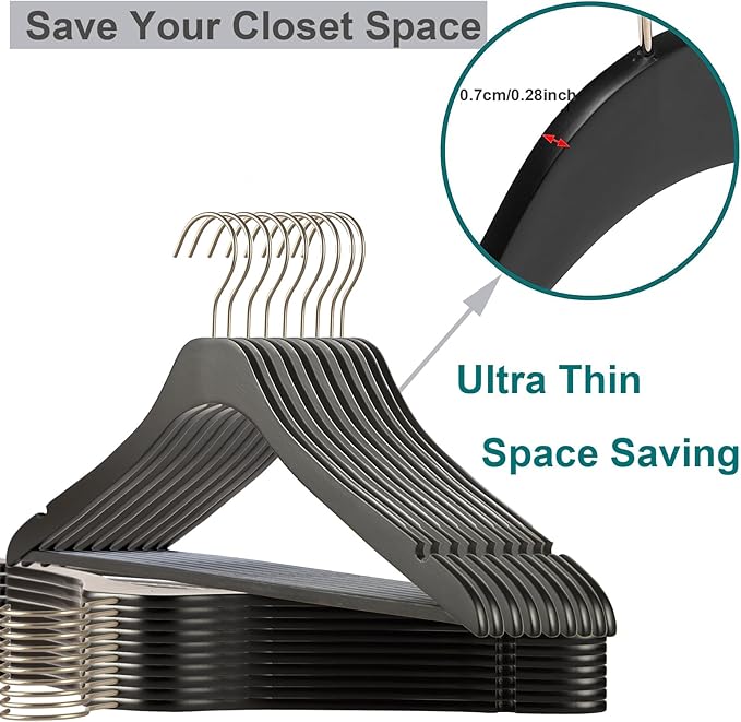 Ultra Thin Wooden Natural Slim Wood Coat Hangers 17.7 inch Space Saving Black Wooden Adult Clothes Hangers,20 Pack Heavy Duty Suit with Pant Bar for Jacket Shirt Suit Pants