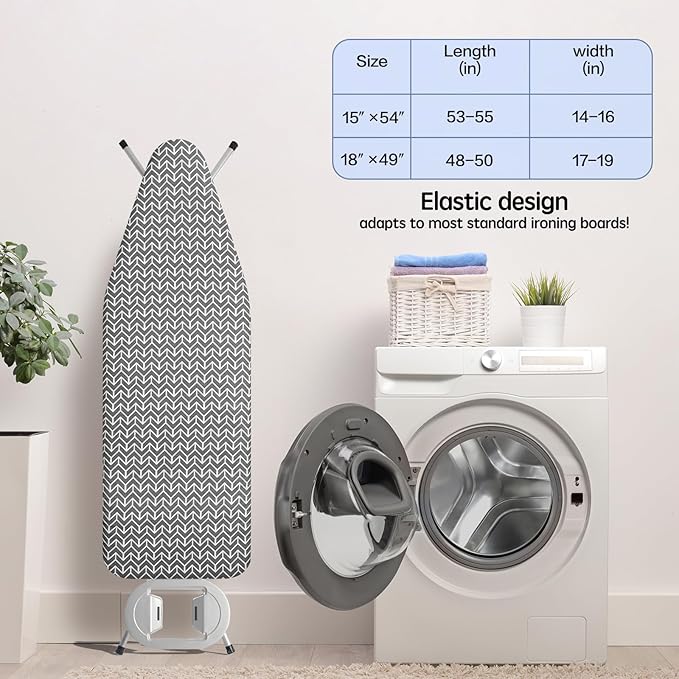 BNDX 18"x49" Ironing Board Cover for Apartments– Grey Rye with Thick Padding, Bongee Cord & Dual Buckles, Scorch & Stain Resistant, Easy Installation