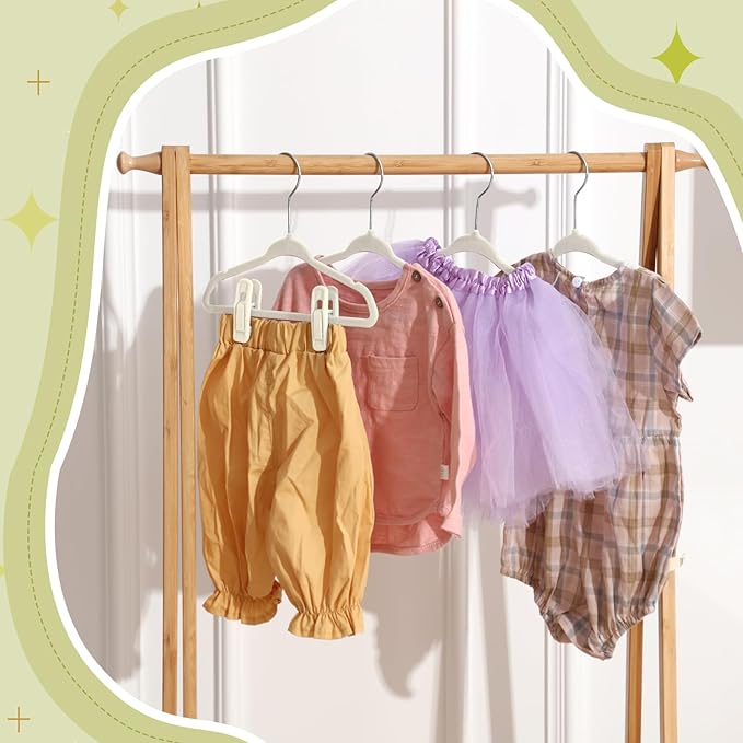 Soaoo 50 Pack Premium Baby Velvet Hangers with Adjustable 100 Clips, Non Slip 11 Inch Slim Kids Closet Organizer for Pants, Dresses & Matching Outfits, Nursery & Toddler Wardrobe (Beige)