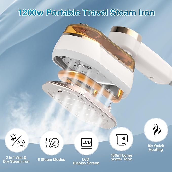 Travel Steamer & Iron 2 in 1, Portable Handheld Mini Steam Iron, 3 Secs Fast Heating, Suitable for Travel, Home & Dorm (Beige)