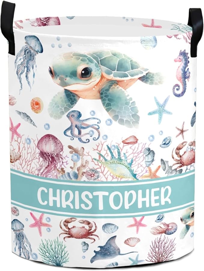 Large Custom Name Laundry Hamper, Turtle Personalized Dirty Clothes Hamper Storage Basket with Name for Bathroom Bedrooms, Customized Name Circular Hamper with Handles for Baby Boys Girls Men Women