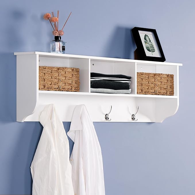 38.6" Contemporary Wall Mounted Coat Rack with Shelf, Entryway Hanging Coat Rack with 3 Shelves, Wall Shelf with 4 Dual Hooks for Hallway, Living Room, Bedroom (White)