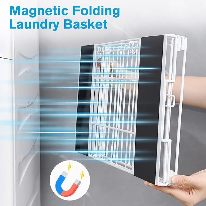 Magnetic Collapsible Laundry Basket, Foldable Metal Laundry Hamper for Washing Machine Side, Space Saving Pop Up Hamper, Laundry Room Organization and Storage (White)