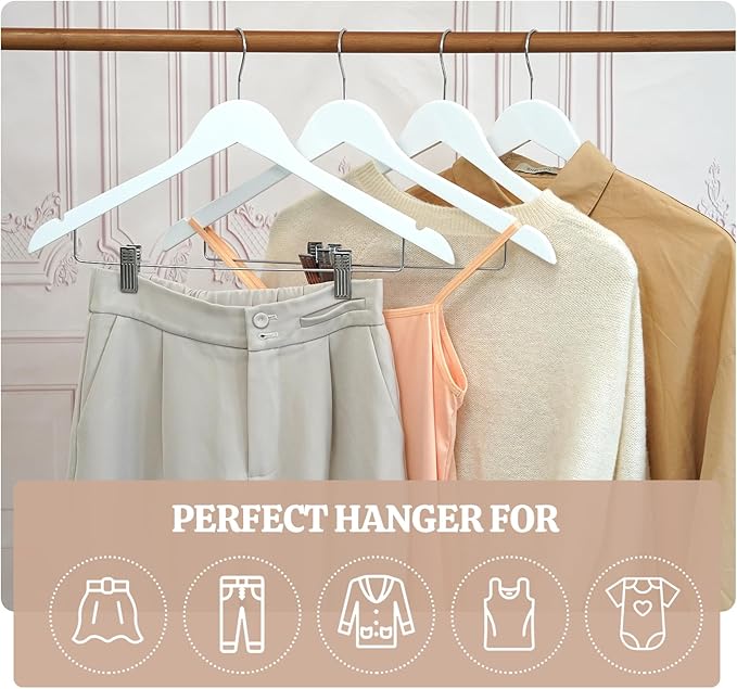 White Wooden Skirt Hangers with Clips 16Pack, Wooden Coat & Pants Hangers with Adjustable Metal Clips for Slacks, Jeans, Shorts, Jacket, Blouse, Clothes & Suit