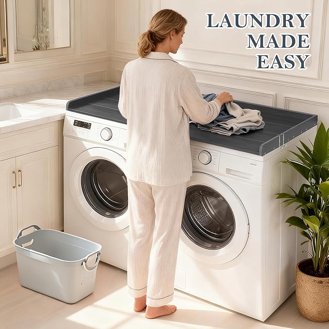 HDPE Washer Dryer Countertop, 54" x 27" Laundry Countertop with 2 Hooks & Non-Slip Pads, Washer and Dryer Topper for Laundry Room Organization, No-Installation (Grey)